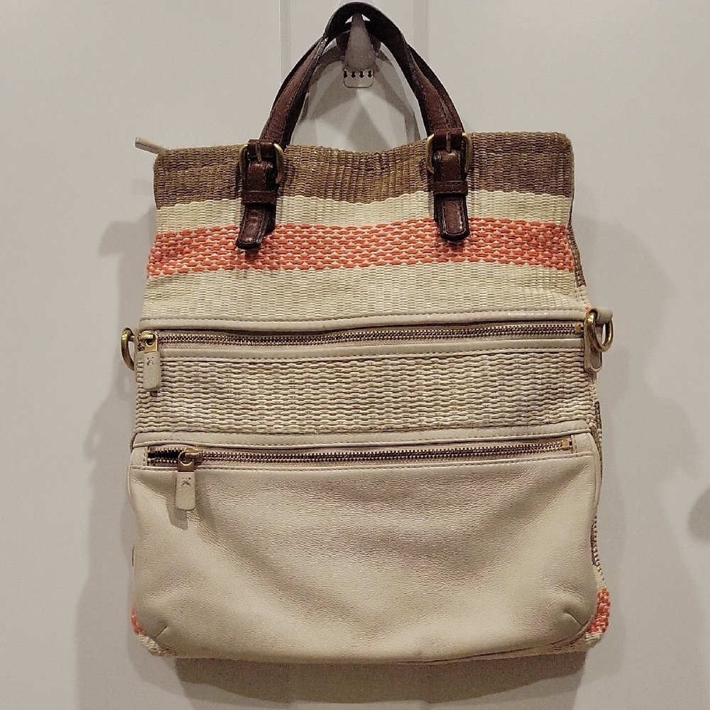 Fossil Tan, Cream & Coral Woven Tote with Brown Leather Trim - Picture 5 of 12